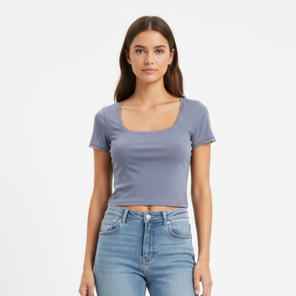 Hollister Y2K Muted Blue Grey Trendy Lace Trim Crop Top Baby Tee Women Size S‎